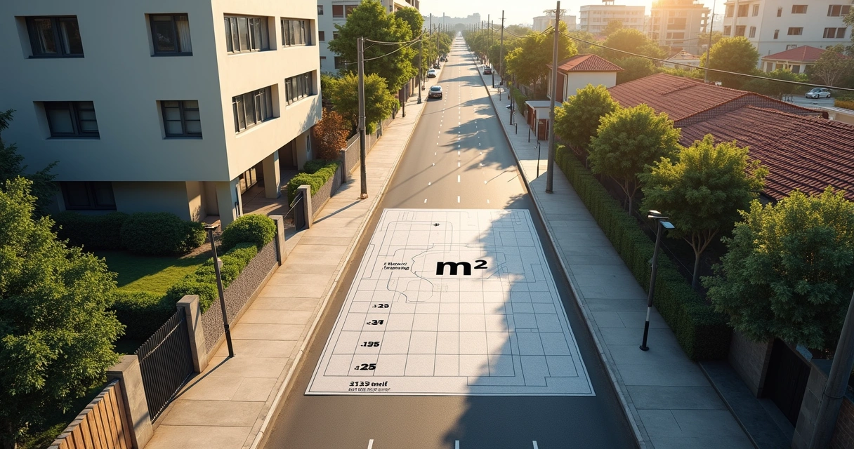 Mapa com prédio residencial, casas e símbolo de metro quadrado em avenida urbana 