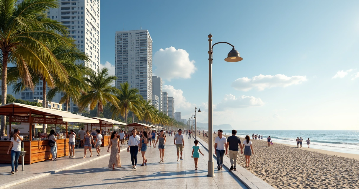 Famílias e turistas caminhando no calçadão da praia de Miami em Natal 