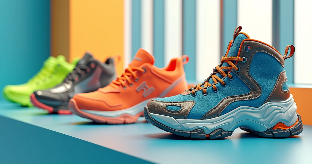 Vários calçados coloridos alinhados sobre superfície clara