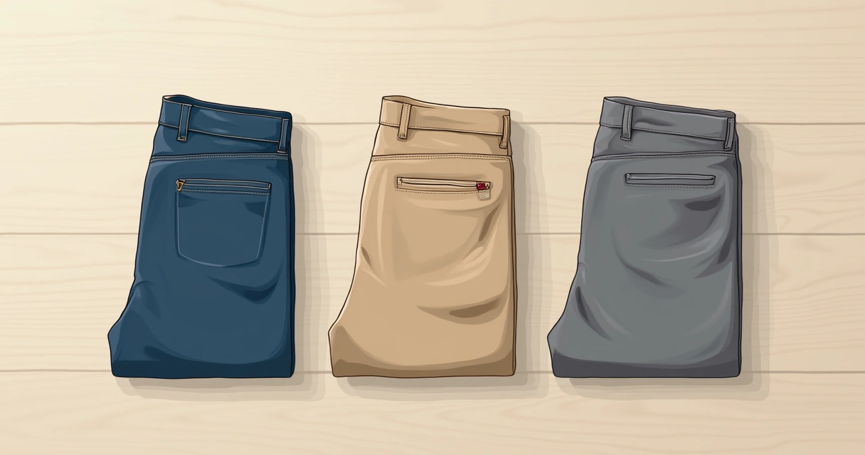 Três calças masculinas dobradas lado a lado, uma jeans, uma de sarja bege e uma de alfaiataria cinza