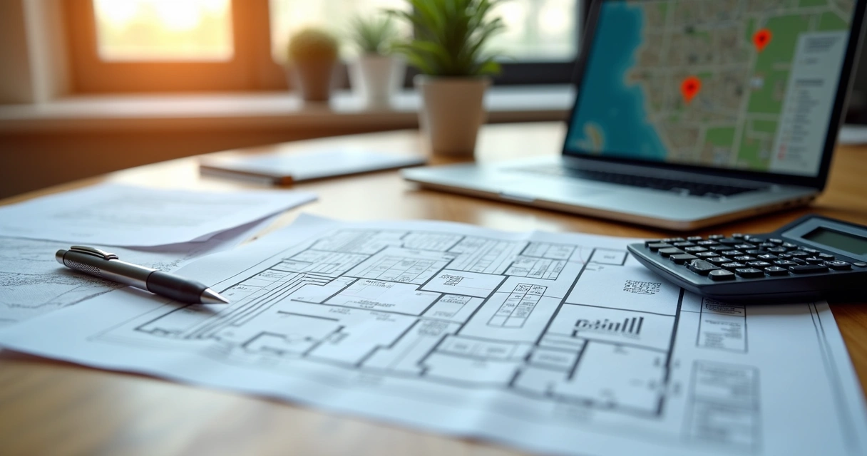 Mesa com documentos de avaliação imobiliária, calculadora e planta baixa de imóvel 
