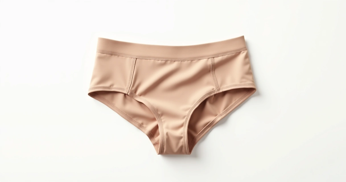 Calcinha boxer de microfibra bege com costura fina e fundo branco.