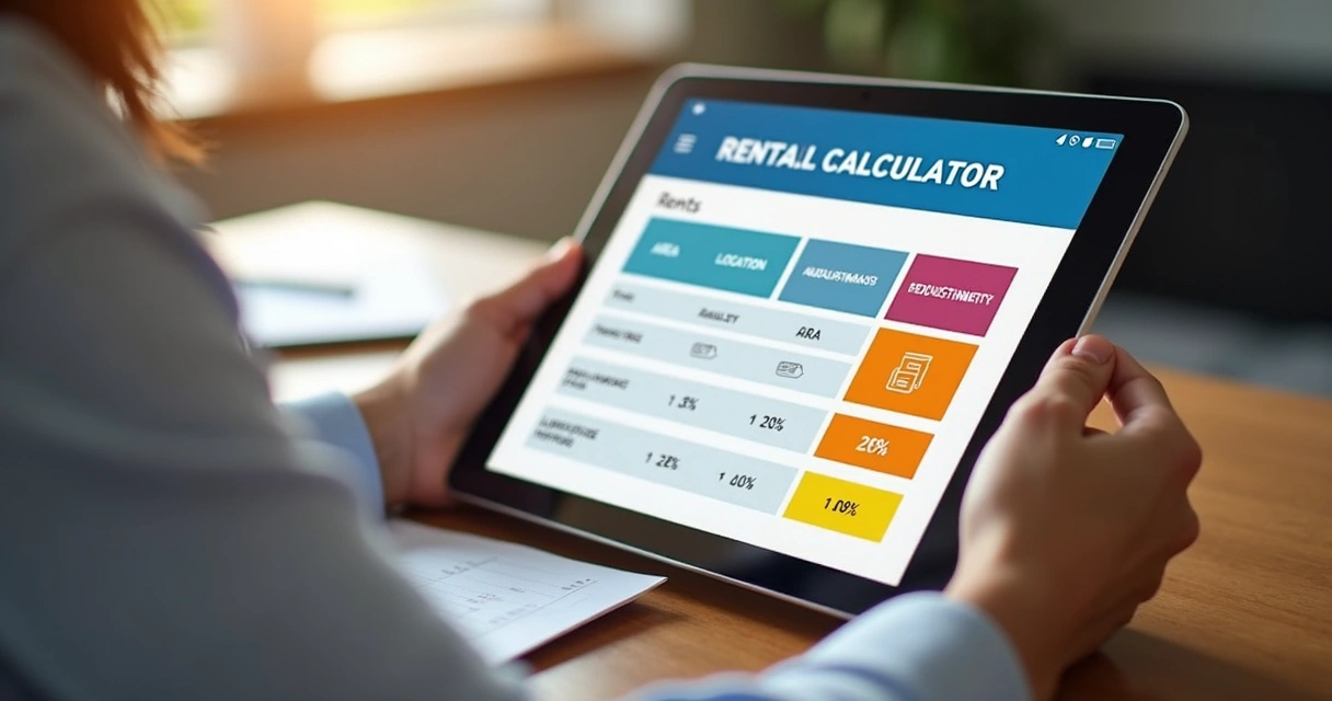Pessoa usando tablet com calculadora de aluguel digital e gráfico de reajuste anual