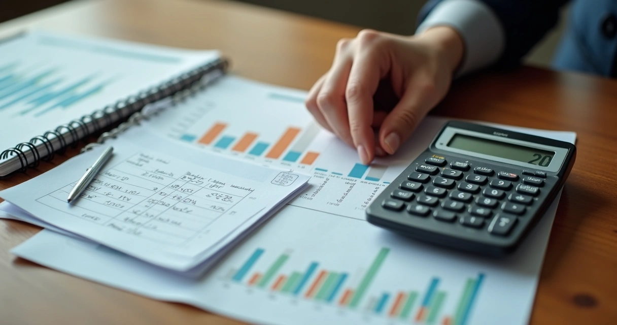 Pessoa usando calculadora em cálculos estatísticos em mesa com gráficos