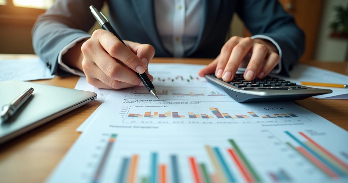 Calculadora e papel com análises financeiras ao lado de mãos digitando 