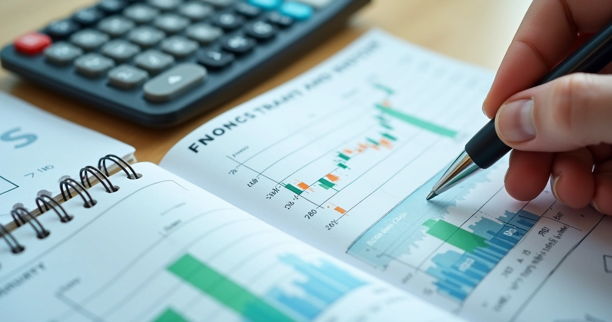 Calculadora, gráficos e um caderno de anotações mostrando cálculo de investimentos 