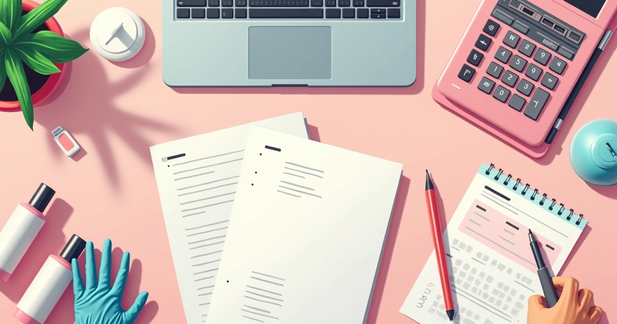 Calculadora, agenda e insumos sobre bancada de salão 