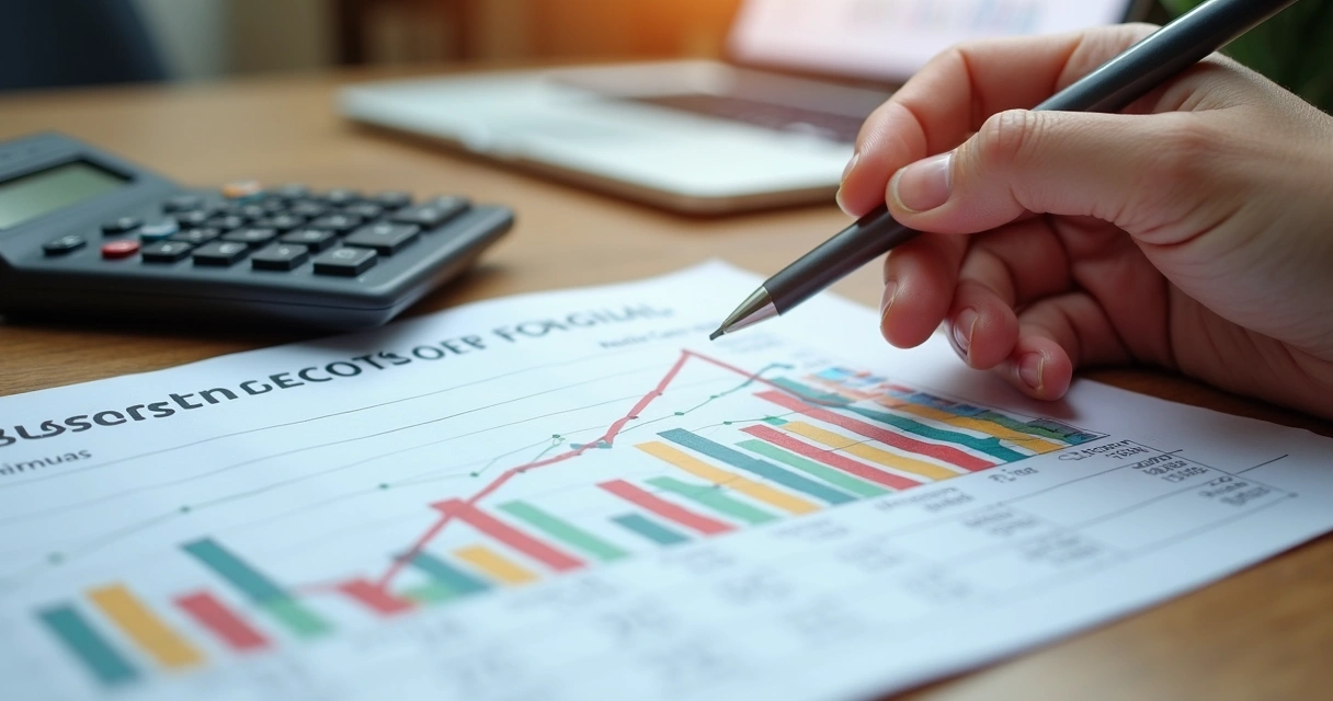 Calculadora em mesa com planilhas e gráfico de aquisição de clientes 