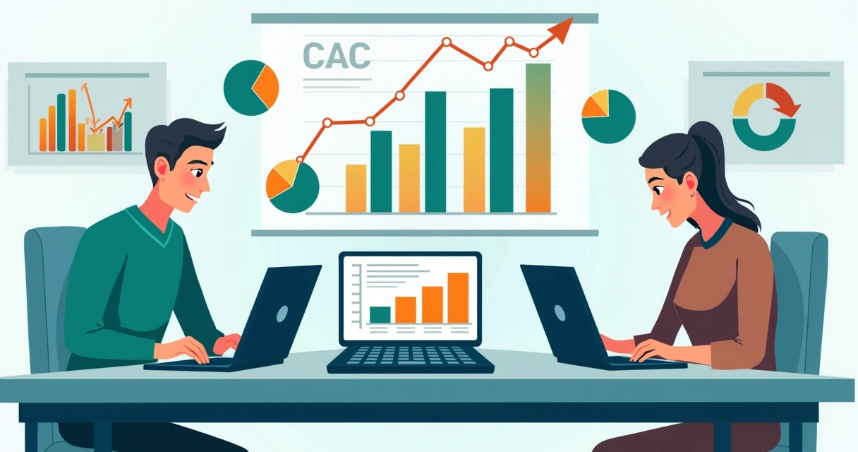 Cálculo do CAC em ambiente de marketing digital com gráficos e equipe