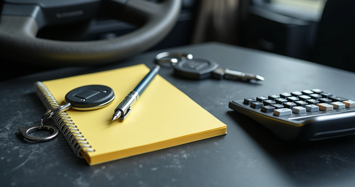 Calculadora, bloco de notas e chave sobre uma mesa, próximos de um volante de caminhão 