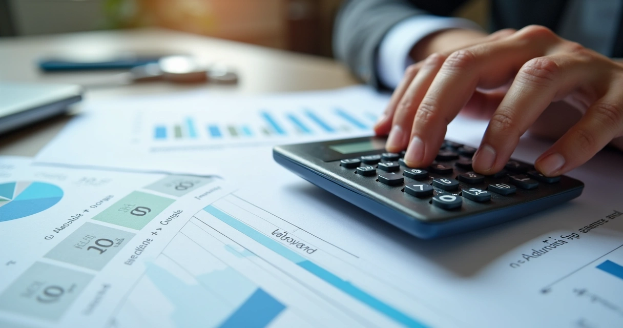 Mão digitando em calculadora com anotações de campanhas digitais ao redor 