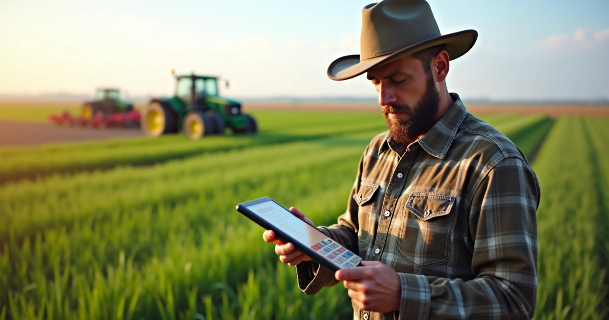 Produtor rural calculando hedge no campo 