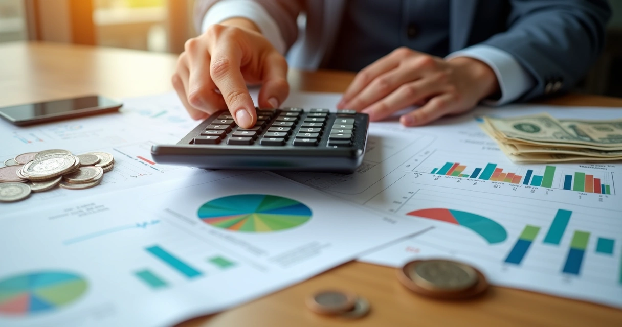 Mão segurando calculadora sobre mesa com gráficos financeiros e notas de dinheiro organizadas 