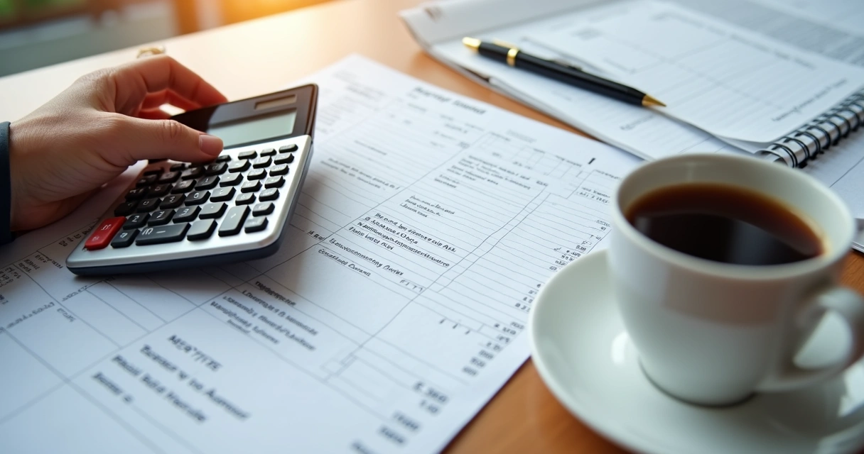 Calculadora e extrato salarial lado a lado sobre a mesa 