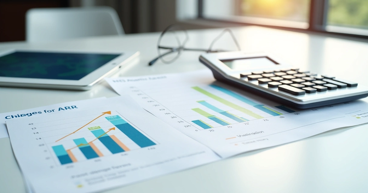 Calculadora e gráficos financeiros sobre mesa branca com dados de receita recorrente anual 