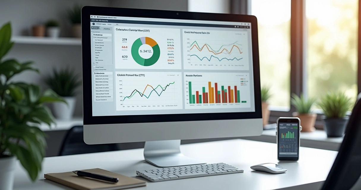 Tela de computador exibindo métricas de marketing digital com gráficos de desempenho e cálculo de CTR 