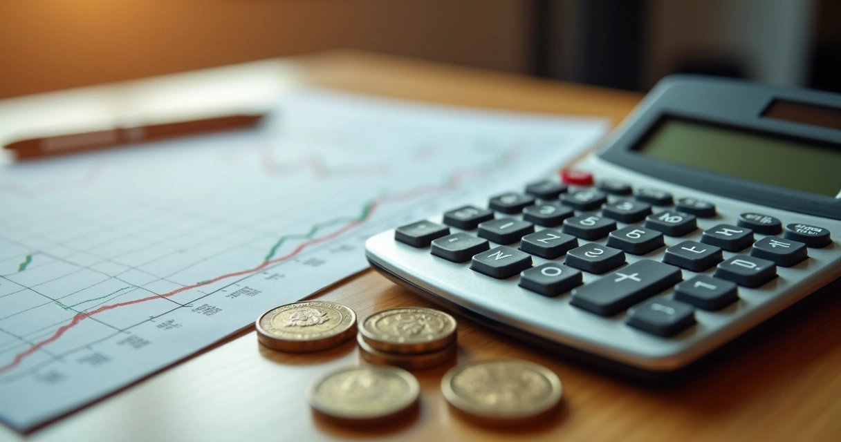 Calculadora e moedas brasileiras em mesa de escritório 