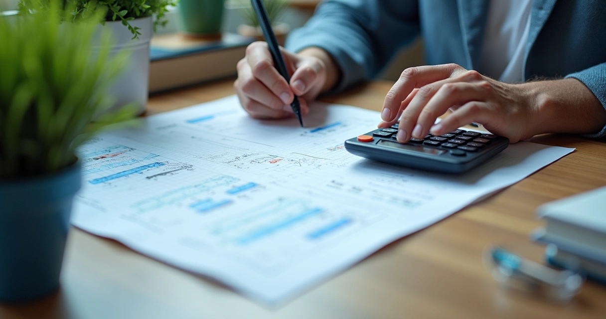 Pessoa usando calculadora ao lado de planta arquitetônica e anotações de custos 