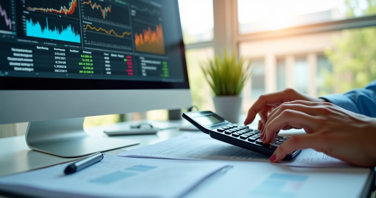 Contador usando calculadora e tela de computador com planilhas.