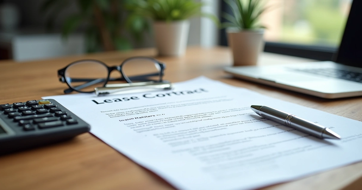 Mesa de madeira com contrato de aluguel, calculadora, caneta e óculos sobre documentos financeiros organizados 