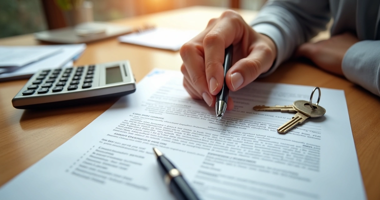 Calculadora e contrato de aluguel residencial em uma mesa 