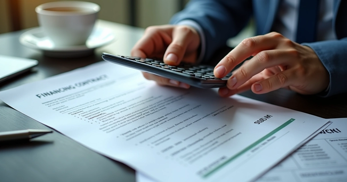 Pessoa analisando contrato de financiamento com calculadora e documentos 