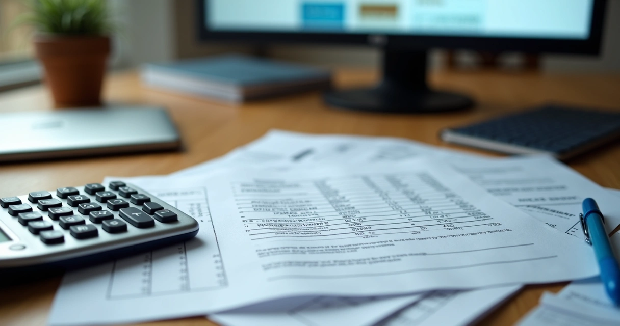 Calculadora e documentos sobre mesa, simulando cálculo de contribuições INSS