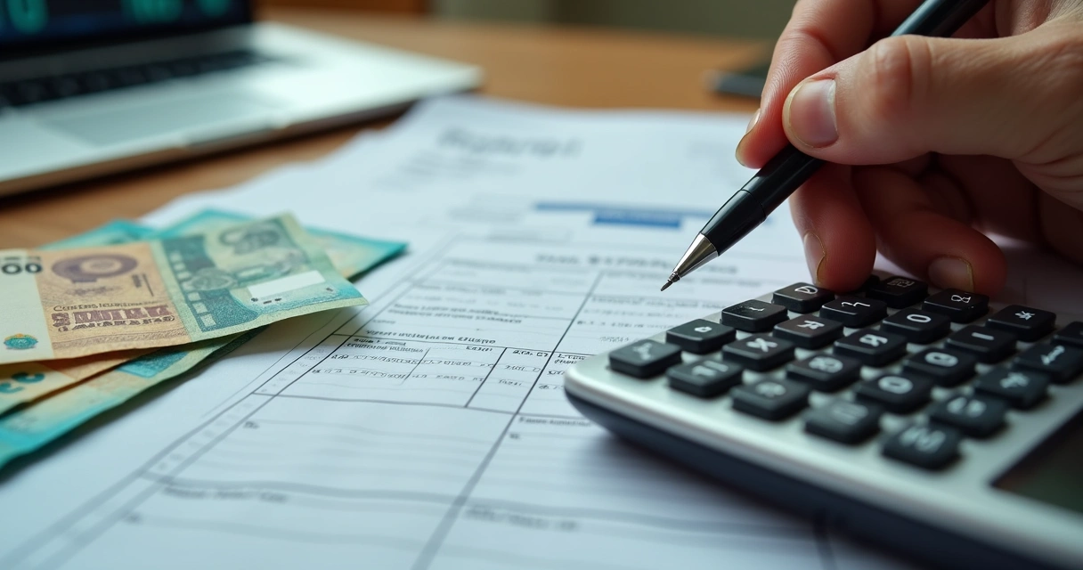 Calculadora, notas e papéis mostrando cálculo de INSS para pró-labore 