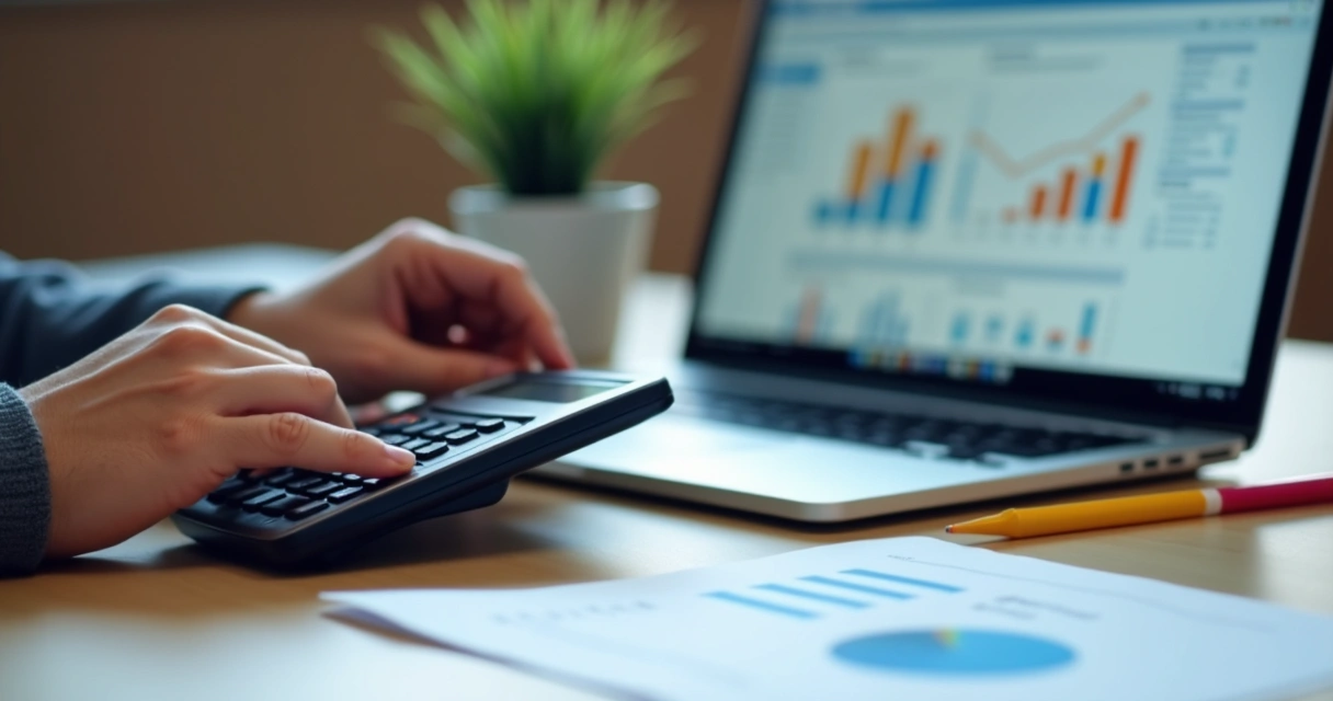 Pessoa usando uma calculadora ao lado de um notebook exibindo gráficos sobre investimento em influenciadores 