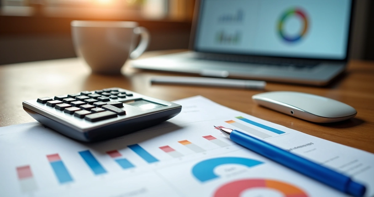 Calculadora, folhas impressas com gráficos de marketing, caneta e notebook em uma mesa de trabalho 