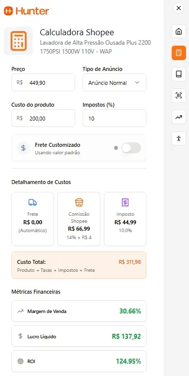 Interface de calculadora de custo de produto na plataforma Hunter, mostrando preço, tipo de anúncio, custo do produto, impostos, e detalhamento com frete, comissão Shopee e imposto.
