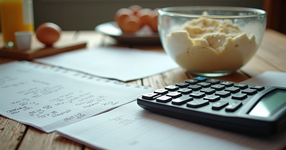 Calculadora e notas perto de ingredientes de bolo 