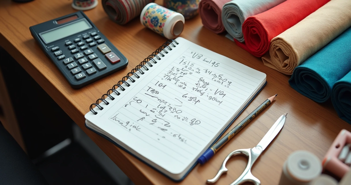 Calculadora com tecidos coloridos, bloco de anotações e lápis ao redor 