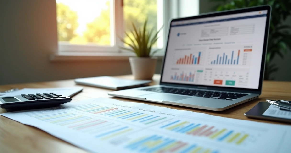 Calculadora, planilha e tela de CRM juntos sobre mesa de escritório 