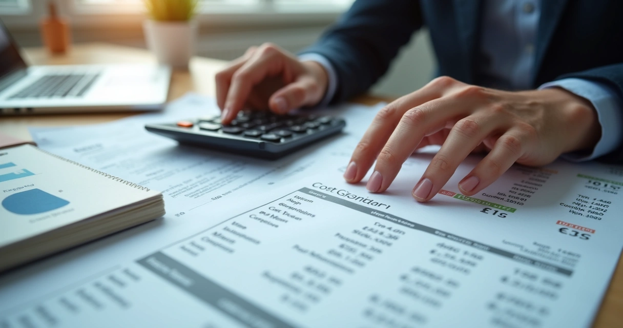 Mão segurando calculadora com papéis de custos empresariais ao redor 