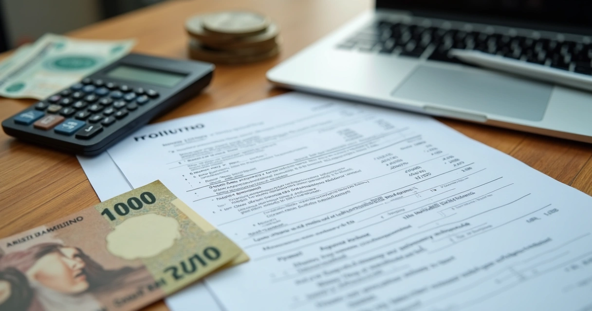 Mesa com calculadora, contrato e notas de dinheiro