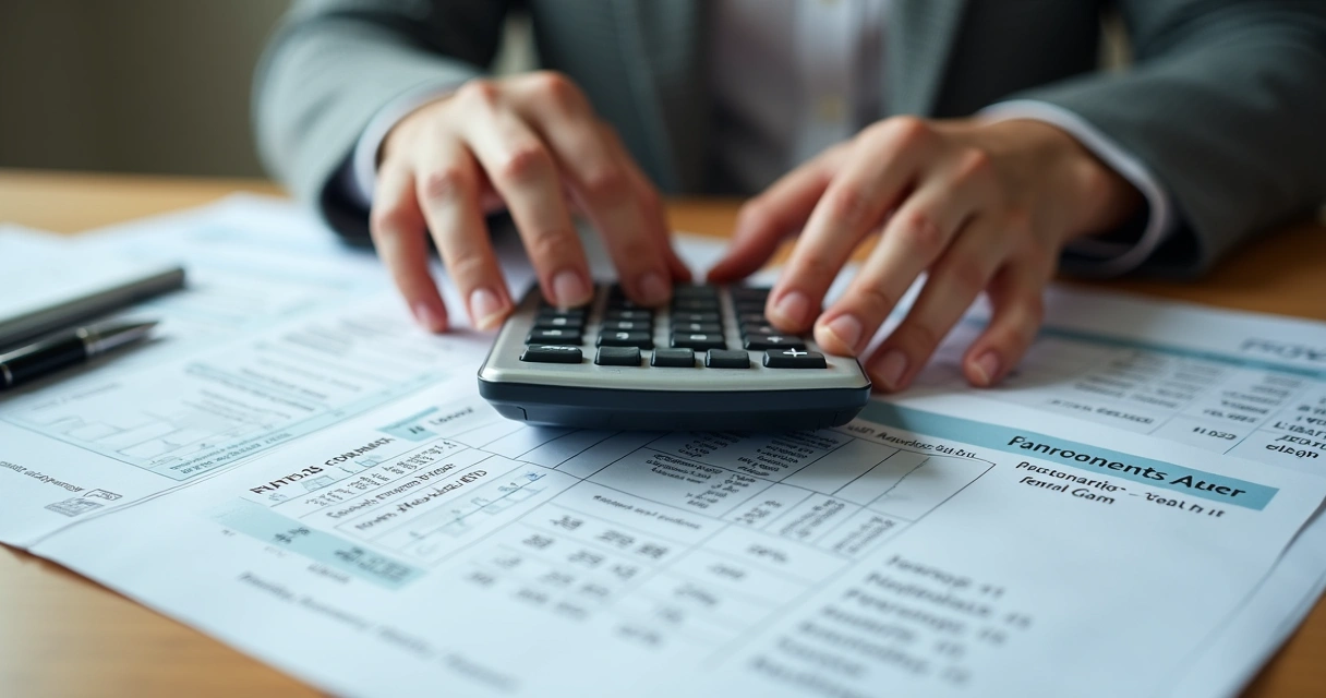 Pessoa usando calculadora com folhas detalhando custos de imóvel 