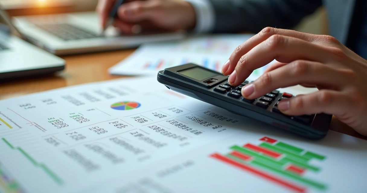 Mão usando calculadora com gráficos financeiros e planilhas sobre mesa de madeira