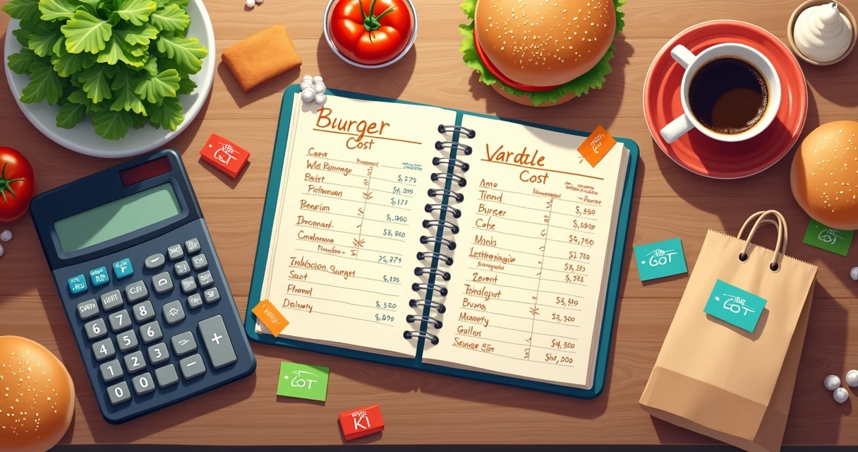 Mesa com calculadora, bloco de notas, e ingredientes para hambúrguer 