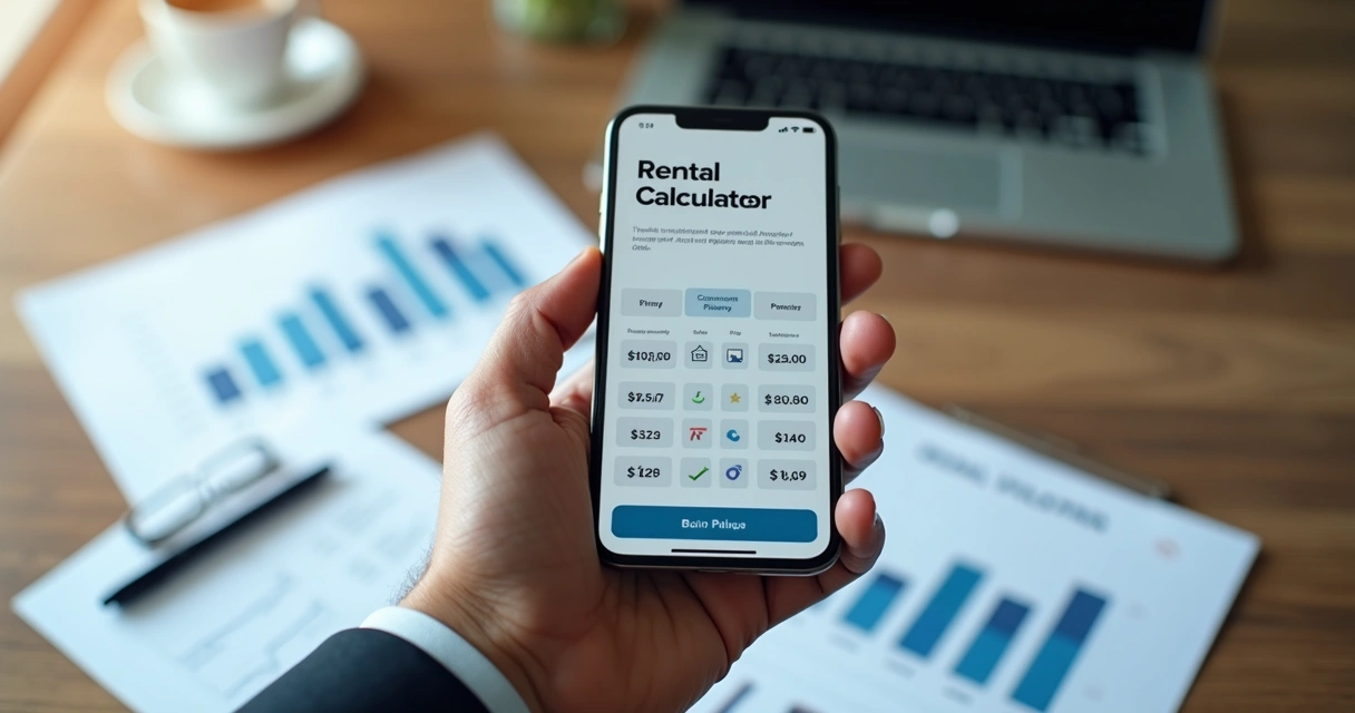 Mão masculina usando smartphone com tela mostrando calculadora de aluguel digital e gráficos financeiros ao fundo 
