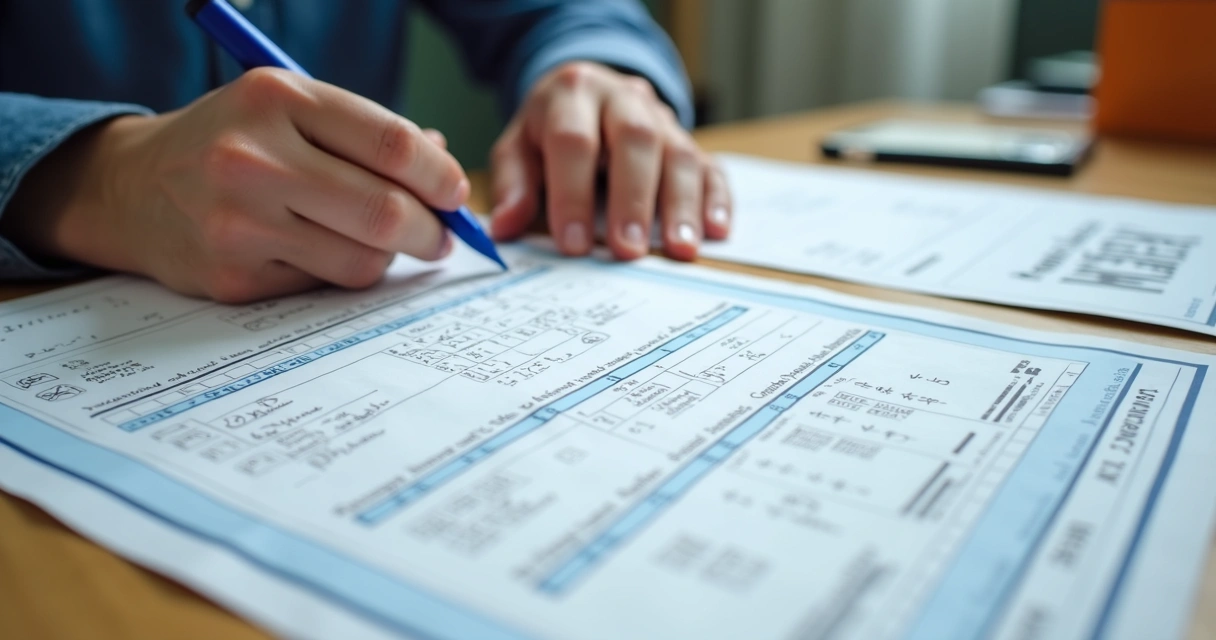 Cálculos de combinações para apostas na Mega-Sena em folha de papel ao lado de volante de loteria e caneta azul. 