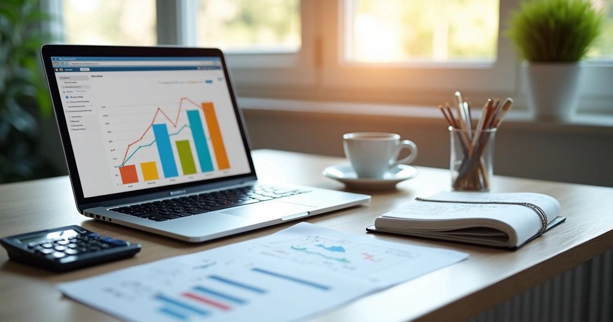 Calculadora ao lado de um notebook com gráficos de vendas 
