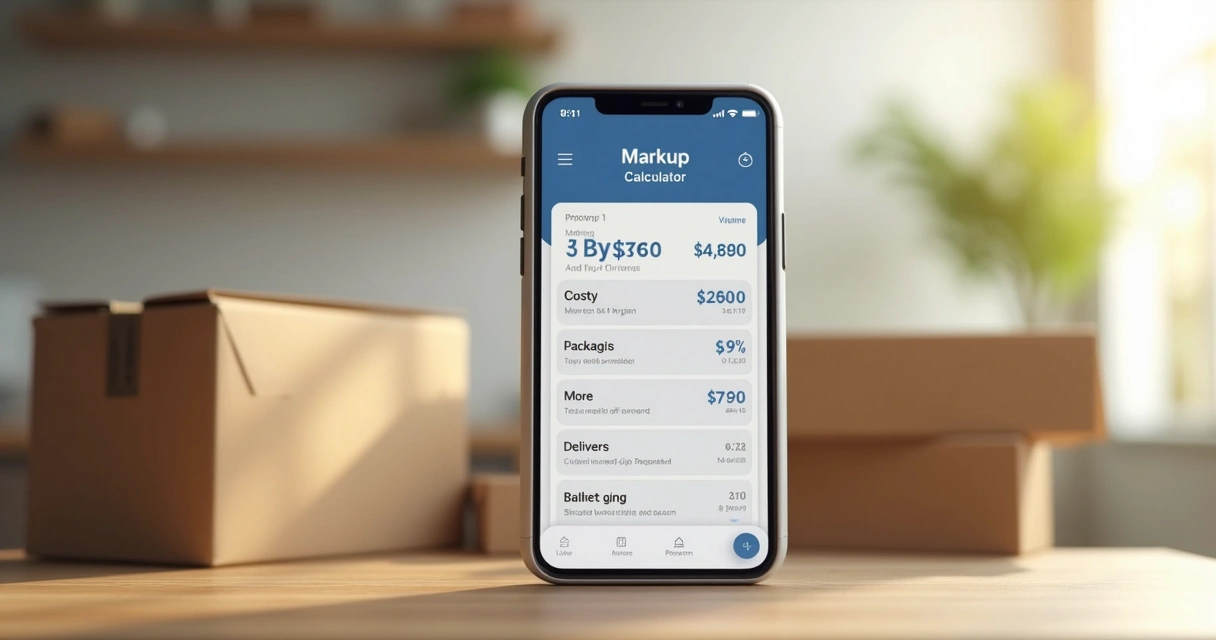 Calculadora digital em smartphone, tabela de custos ao fundo