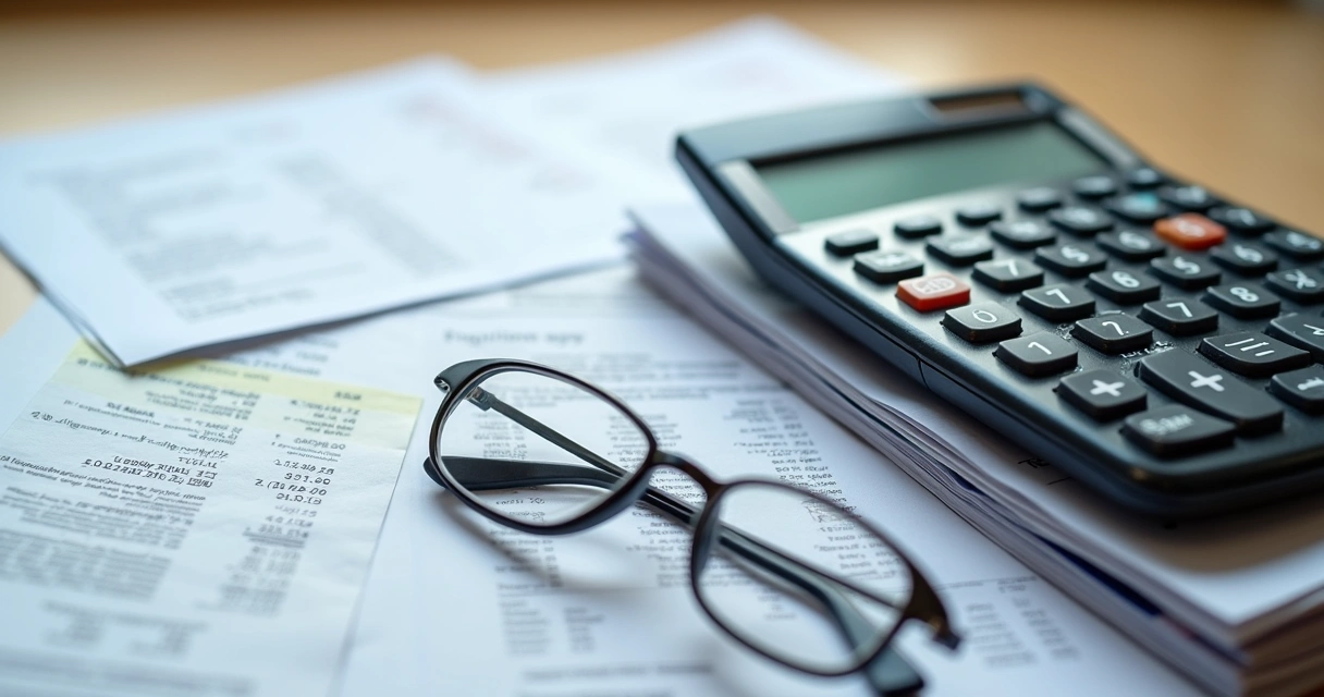 Calculadora sobre pilha de documentos financeiros na mesa 