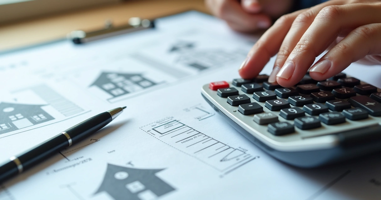 Calculadora e documentos de compra de imóvel sobre mesa de escritório