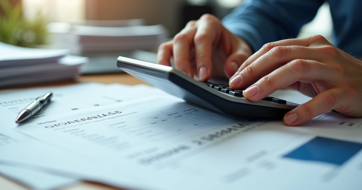 Manual de cálculo de impostos com calculadora ao lado de notas fiscais de veículos usados