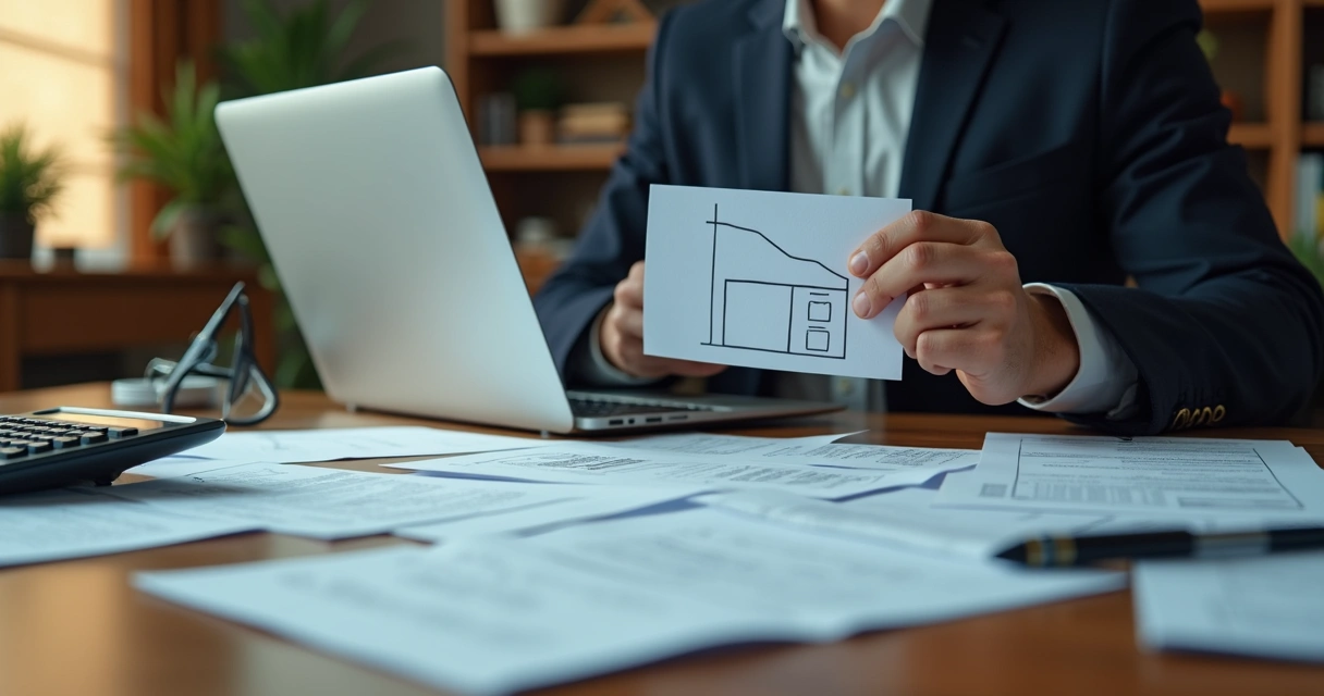 Mesa com calculadora, documentos e laptop simulando parcelamento de dívidas 