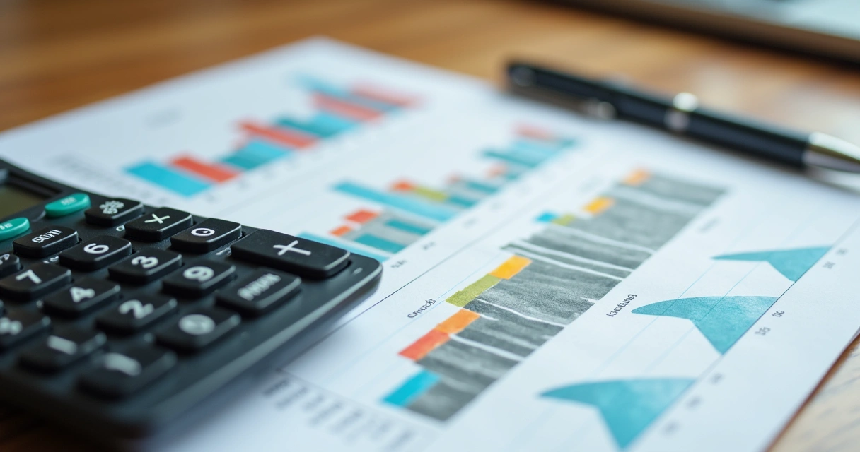 Calculadora preta e anotações financeiras sobre mesa com gráficos de barras coloridos 