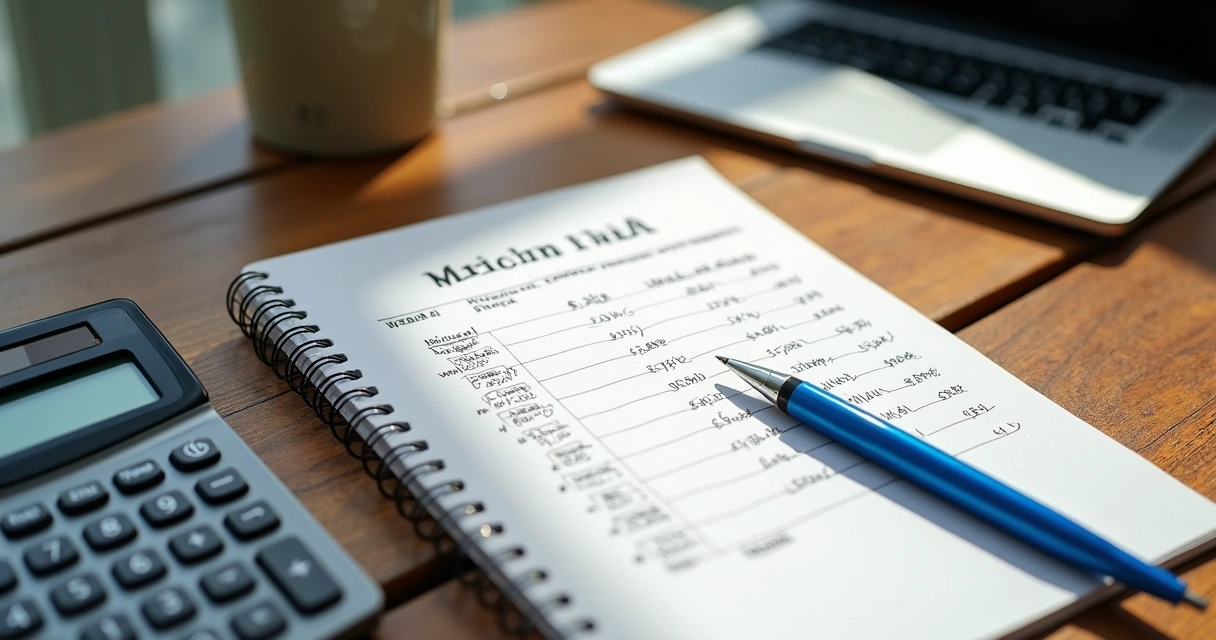 Calculadora, bloco de notas com planilha e caneta sobre mesa 