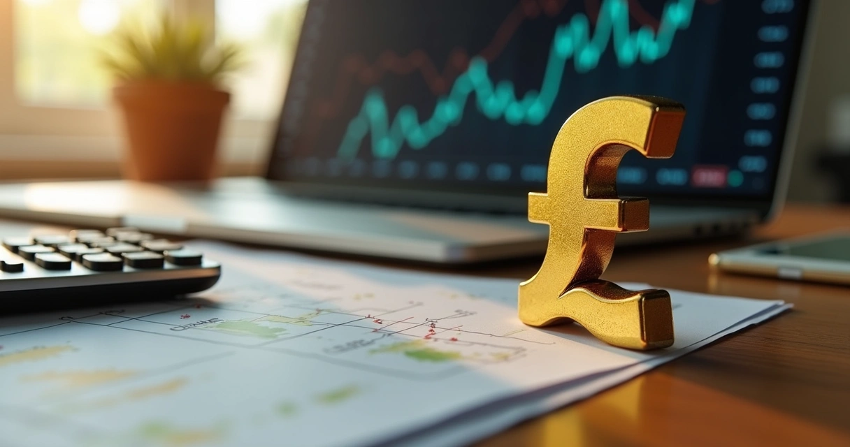 Calculadora e cifrão dourado sobre mesa de madeira com gráficos financeiros ao fundo 